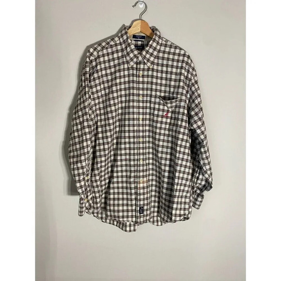 Nautica Mens Plaid Long Sleeve Button Up Pocket Shirt in Tan Size XLT Big & Tall - Picture 1 of 16